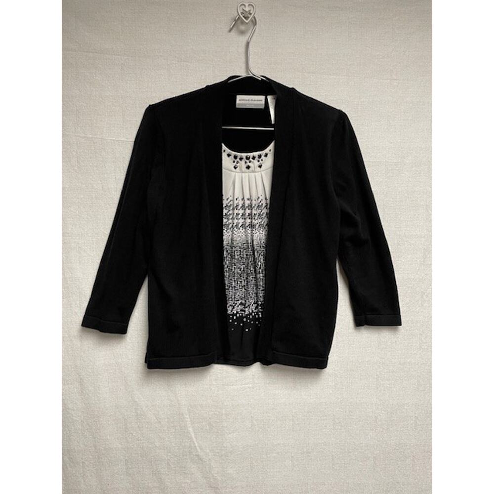 Alfred Dunner Black Open Front Cardigan With Embellished Printed Inner Tank - PM